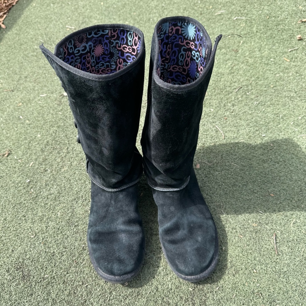 UGG Black Suede Mid-Calf Bailey Button Boots with Patterned Lining Women’s 9